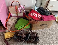 Photo of assorted handbags and wallets including a pink handbag with scarf handle, green crossbody bag, a brown studded leather handbag, and others placed on a carpeted floor near a cardboard box.