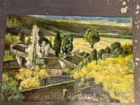 Full view of the oil painting showing the village and landscape with trees in various stages of foliage and hills in the distance.