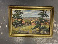 Full view of the framed oil on board landscape painting showing trees and hills.
