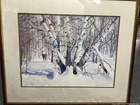 Full view of framed lithograph showing the winter scene with birch trees and deer, signed and numbered