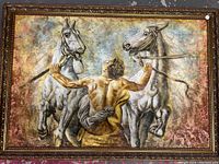 Full view of the framed oil painting showing the man and two horses