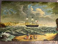 Full view of the oil painting showing the maritime scene with a ship, coastal city, and figures on shore.