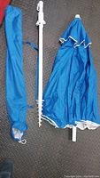 Single photo showing the blue beach umbrella fabric with white edging, white metal pole with spiral screw anchor, and matching blue carry bag.