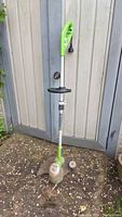 Electric weed whacker standing upright against a wooden shed door, showing full body and power cord.