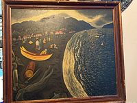 Front view of the framed oil painting showing a beach scene with figures, boat, shoreline, mountains and houses.