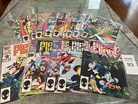 Photo showing 15 Marvel Alpha Flight comic books arranged in two rows, displaying cover art depicting superheroes and team action.