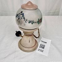 Full view of the antique Bohemian Art Deco Czech glass table lamp including the base, globe with lid, and electrical cord.