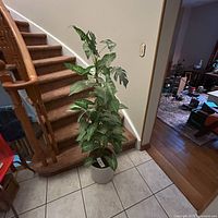 Full view of the 58-inch tall faux plant standing next to a staircase on a tiled floor.