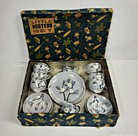 Original box with all pieces arranged inside except missing the teapot, top view showing cups, saucers, plates, creamer and sugar bowl with a floral pattern.