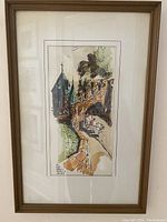 Full view of the framed watercolor depicting La Porte St. Louis, Quebec. The artwork shows the old stone wall and gate with a horse-drawn carriage.
