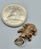 Top view of small 10KT gold frog charm next to Canadian 10-cent coin for size comparison.