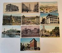 Photo showing the fronts of ten antique postcards featuring historical Hamilton buildings and city scenes.