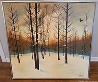 Full view of large square oil on canvas painting depicting snowy forest with bare trees and bird, framed in metallic frame.