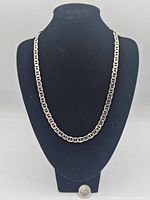 Full view of the sterling silver chain necklace displayed on a black stand with a coin for scale.