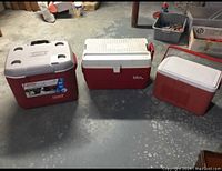Three coolers on basement floor: Coleman 60 qt wheeled cooler, smaller Coleman cooler, and Igloo Legend 48 qt cooler.
