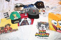 Photo of all shirts spread out on bed, including graphic prints of Harry Potter, SpongeBob, Batman, Ras Mickey, Pokémon, and Disney MGM visor.