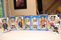 Nine hockey bobbleheads arranged in a row mostly in boxes. Visible are two Wayne Gretzky, two Eric Lindros, Jaromir Jagr, Mark Messier, Dominik Hasek, Yvan Cournoyer, and one broken Gagne bobblehead outside box.