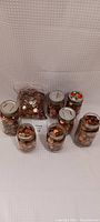 Wide view showing multiple glass jars and plastic bags filled with Canadian pennies on a white textured background.