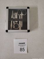 Image of closed metal and transparent plastic case containing six stainless steel manicure tools on foam insert