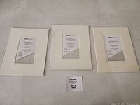 Three white picture mattes arranged side by side on a surface with label '42' in front.