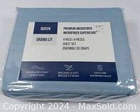 Packaged queen size premium microfiber sheet set with label showing OEKO-TEX certification and product details.