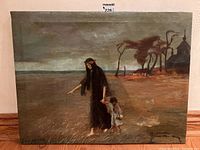 Full view of painting depicting robed woman and child on open landscape with church and trees in background