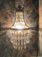 Single brass and crystal wall sconce illuminated against floral patterned wallpaper.