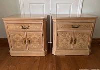 Front view of both end tables side by side on wood floor.