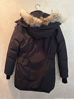 Back view of black parka hanging shows full length, cinch waist and coyote fur trimmed hood