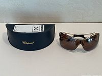 Front view showing sunglasses placed next to branded case