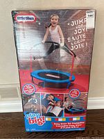 Front of the boxed Little Tikes trampoline showing product image with child jumping and product details.