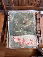Front cover of the old scrapbook with a wildlife scene and the word 'Scrapbook' in pink letters. The cover is worn and torn at the edges.