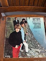 Front cover of the album, featuring The Rolling Stones standing on rocky shore. Shows album title and band name, labeled MONO and London Records logo.