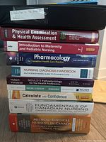 Stack of 10 nursing textbooks and a binder containing another book. Spines show titles and editions; books are used and well kept.