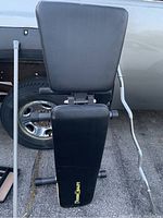 Photo of the Weider Pro weight bench with black padded backrest and seat, positioned outdoors with an EZ curl bar resting on the seat.