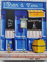 Front view of the contemporary art painting showing a blue wine bar exterior with a cat and barrel.