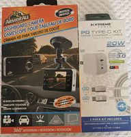 Front photo of Armor All dashboard camera packaging showing product features like 360-degree rotation, 90-degree wide lens, and night vision. Next to it is Xtreme Power 20W PD type-C charger and cable kit packaging with product details and specifications.