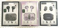 Front view of three sets of Fisher Bluetooth wireless earbuds in packaging, black, white, and dark gray color variants.
