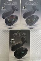 Three boxes of 2Boom Viral Air true wireless earbuds shown closed, front packaging visible showing earbuds and charging case with LED battery display.