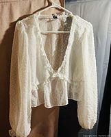 Front view of the white sheer blouse hanging on a white hanger showing long puff sleeves, V-neckline with ruffles, and textured polka-dot fabric.