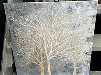 Photo of square canvas featuring tree branches in muted colors on gray background.
