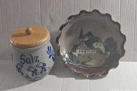 German ceramic canister labeled 'Salz' next to decorative pottery bowl