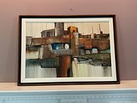 Front view of the framed abstract art painting showing geometric and textured elements in muted colors.