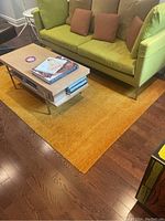 Orange rectangular area rug under a coffee table and sofa, showing full rug in living room setting.