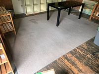 Full view of the large custom Elte area rug under a black table and wooden shelves, showing general wear and some stains.