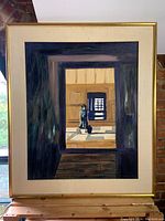 Full view of framed oil painting showing woman in doorway with multiple frame layers and a window with shadows, wood frame, and fabric mat.