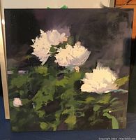 Front view of square oil painting on board depicting white flowers and green leaves on a dark background.