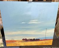 Full view of painting showing overall composition with sky, field, telephone pole and hay bales