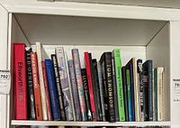 Shelf overview showing full row of art books.