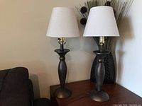Pair of table lamps shown side-by-side on a wooden surface with textured dark wood grain, a black decorative vase with tall dried grasses in the background.